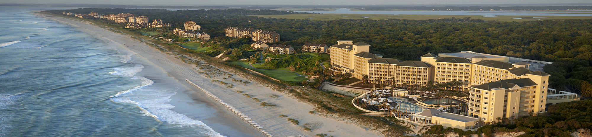 An aerial view of the Omni Amelia Island Resort and the Atlantic Ocean.