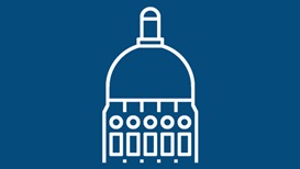 White outline of the Georgia Capitol building on a blue background.