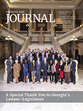 Magazine cover featuring a photo of a group of Georgia legislators in front of a staircase at the Capitol building in Atlanta, Georgia.