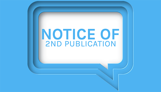 The words notice of 2nd publication are written inside a speech bullet in blue text