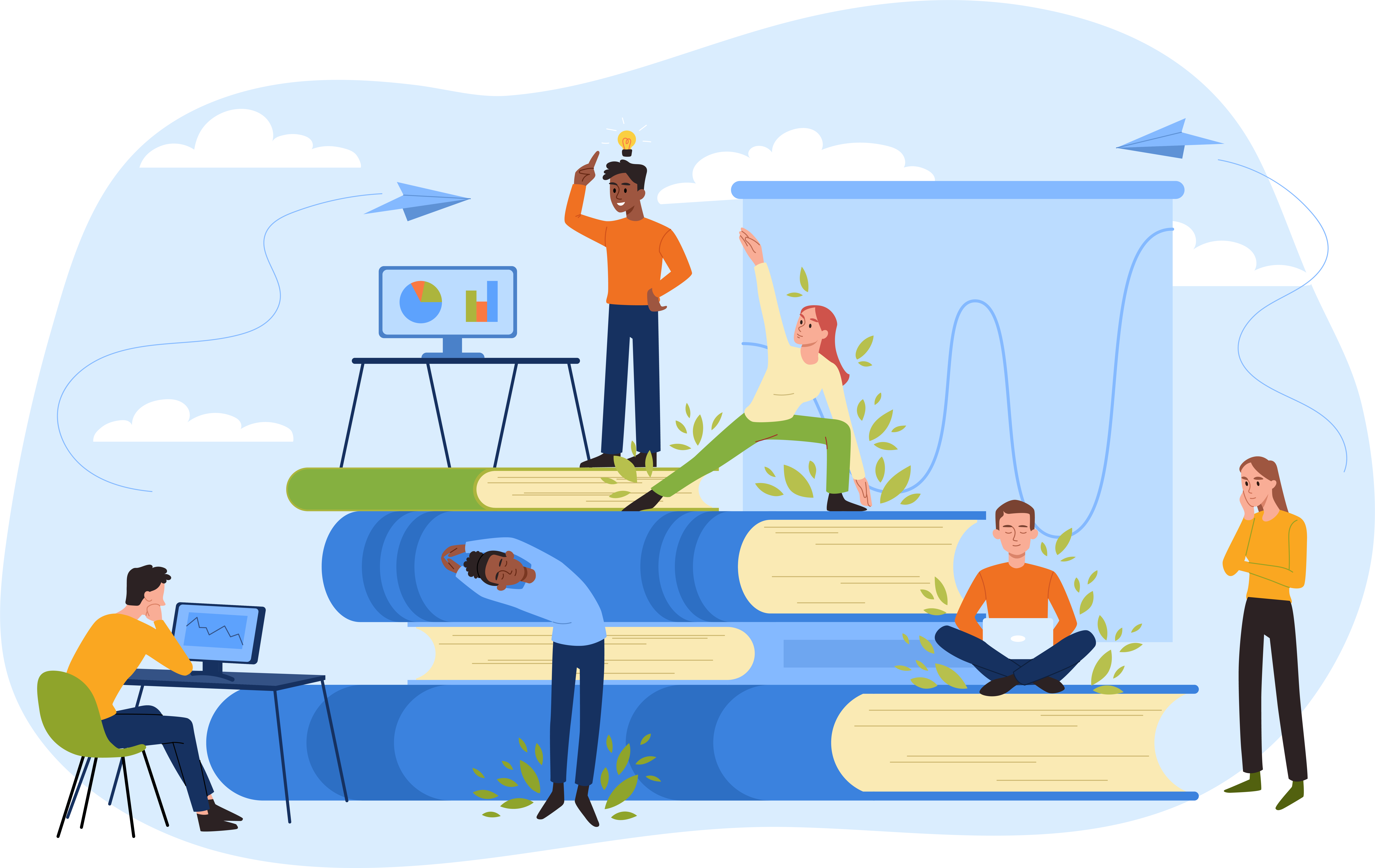 Individuals perched on oversized books, engaged in work on their laptops, blending literature with technology.