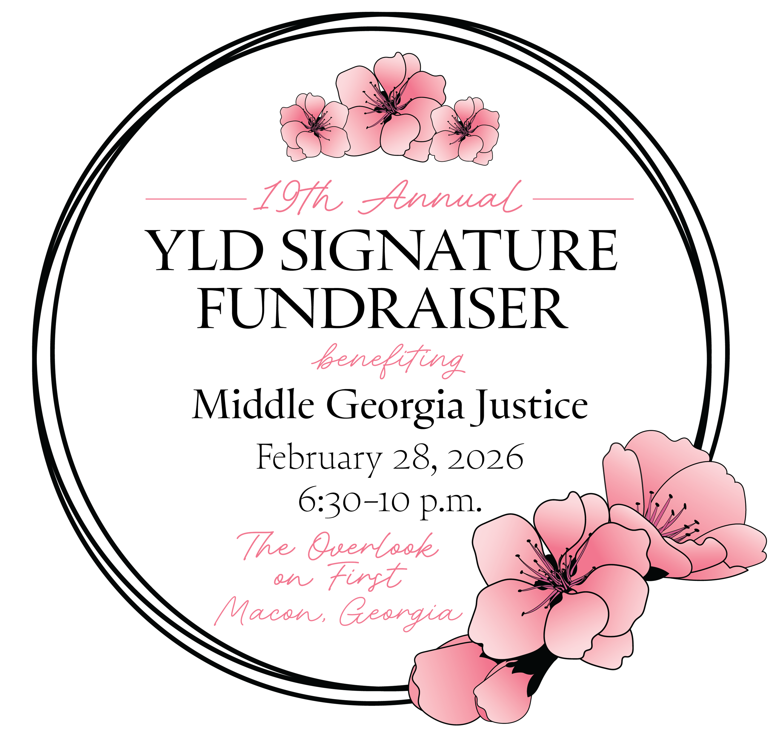 Black and pink text inside three tightly overlapping black circular outlines with three pink cherry blossoms at the bottom right.